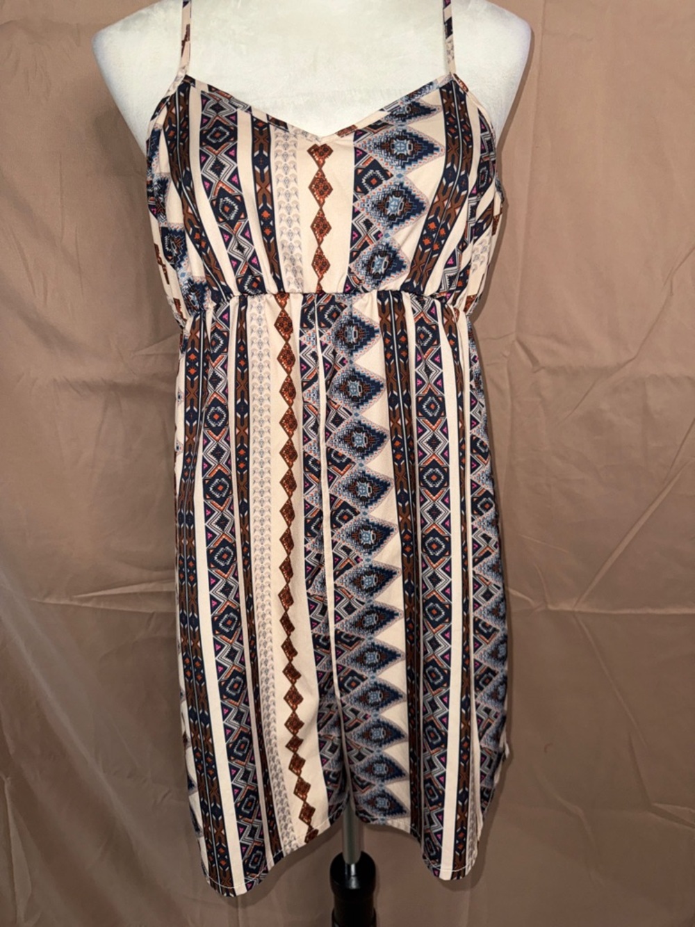 NWOT SHEIN Cream Striped Tribal Print Mini Dress 6